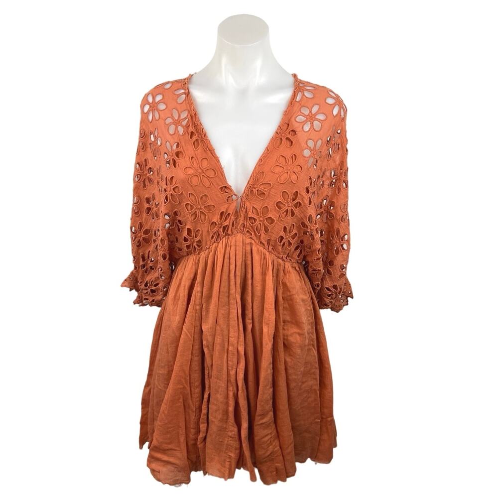 Free People Women's Orange Raw Edges V-Neck Pleated Fit & Flare Mini Dress Sz S